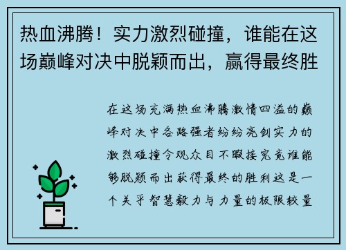 热血沸腾！实力激烈碰撞，谁能在这场巅峰对决中脱颖而出，赢得最终胜利