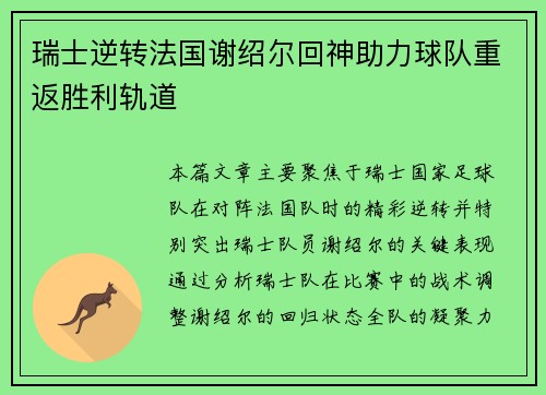 瑞士逆转法国谢绍尔回神助力球队重返胜利轨道