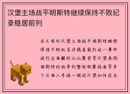汉堡主场战平明斯特继续保持不败纪录稳居前列