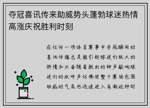 夺冠喜讯传来助威势头蓬勃球迷热情高涨庆祝胜利时刻