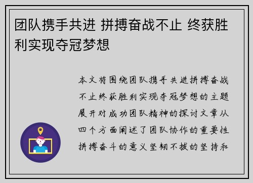 团队携手共进 拼搏奋战不止 终获胜利实现夺冠梦想