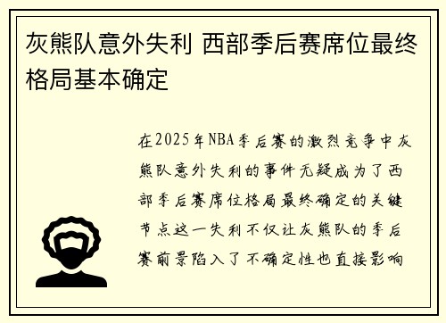 灰熊队意外失利 西部季后赛席位最终格局基本确定