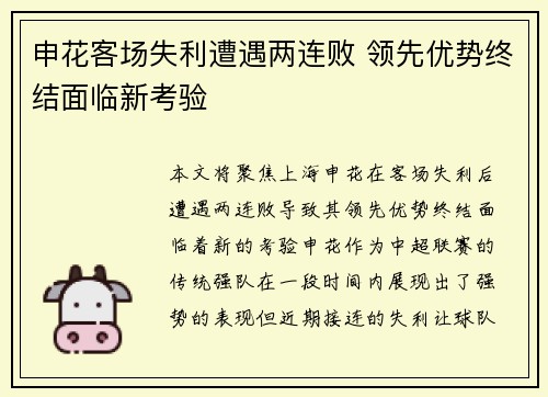 申花客场失利遭遇两连败 领先优势终结面临新考验