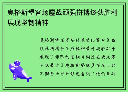 奥格斯堡客场鏖战顽强拼搏终获胜利展现坚韧精神